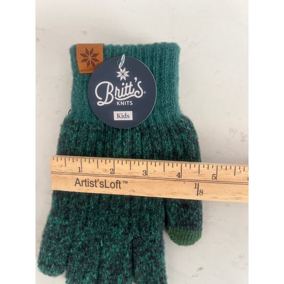 Britt's Knits Kid's Bonfire Gloves in a heathered green color. - Picture 8 of 10